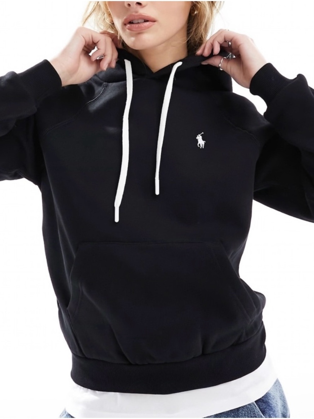 Polo by Ralph Lauren Black Hoodie with White Drawstrings & Logo